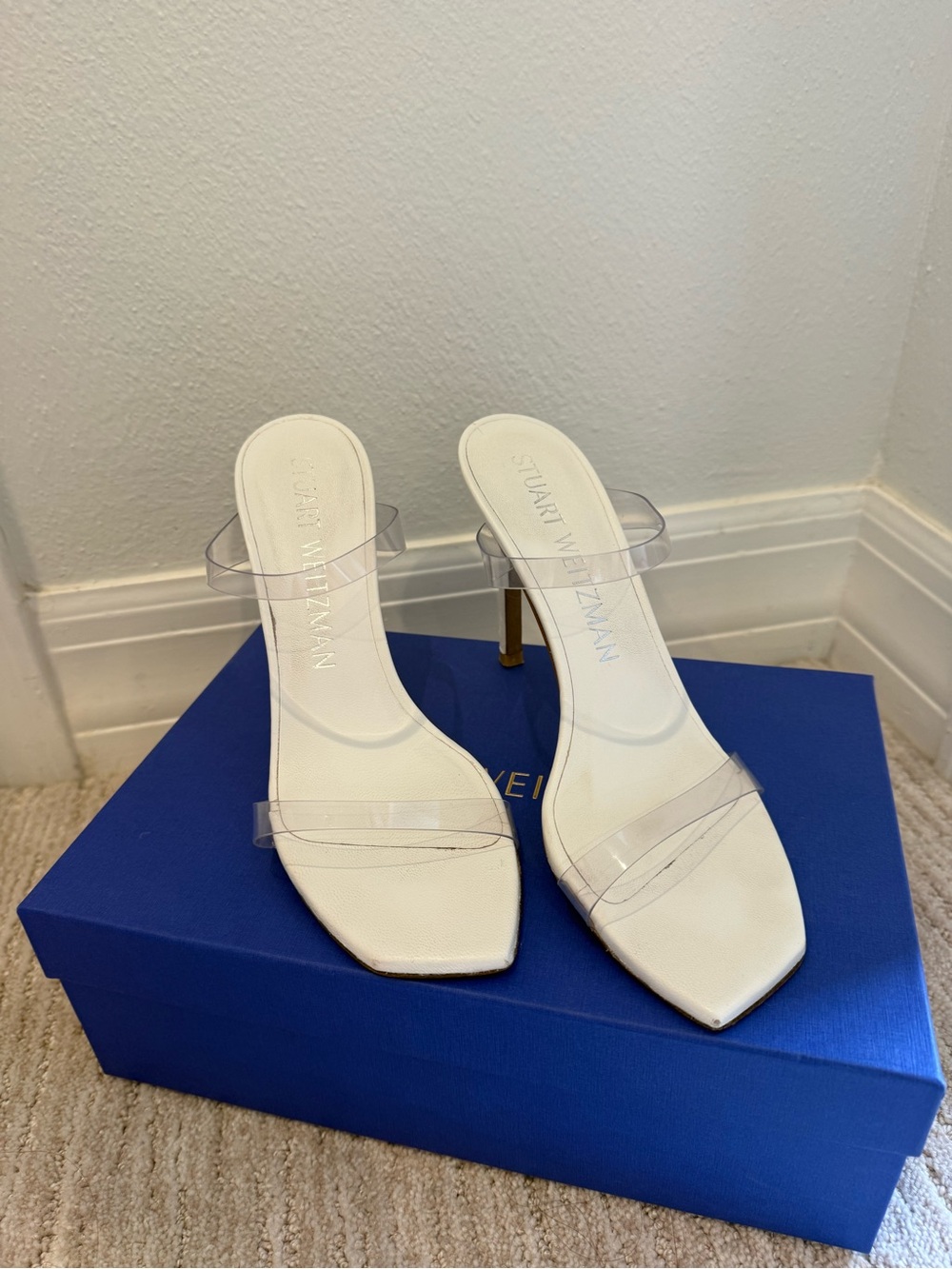 Stuart Weitzman White Leather Heeled Mules with Clear Straps